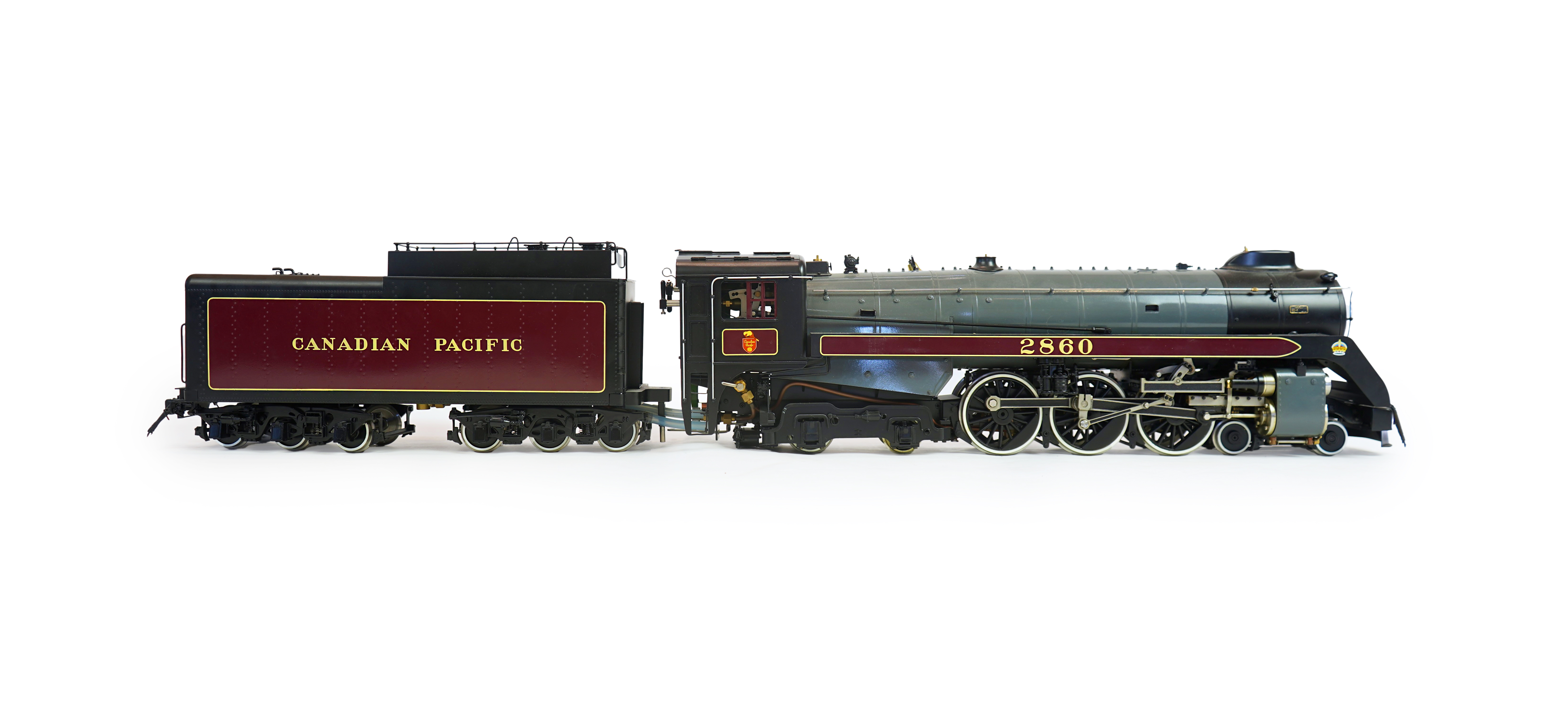 A Gauge One Accucraft Models live steam model of Canadian Pacific 2860, 4-6-4 locomotive with bogie tender, spirit fired working two cylinder motion, hand pump and axle pump, etc.